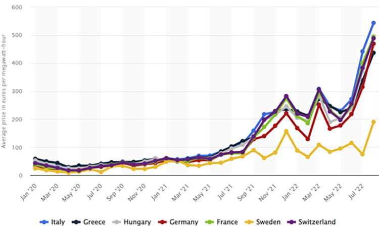 Price in Euros per megawatt hour.